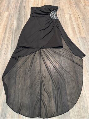 Black Strapless High-Low Dress with Jeweled Accent